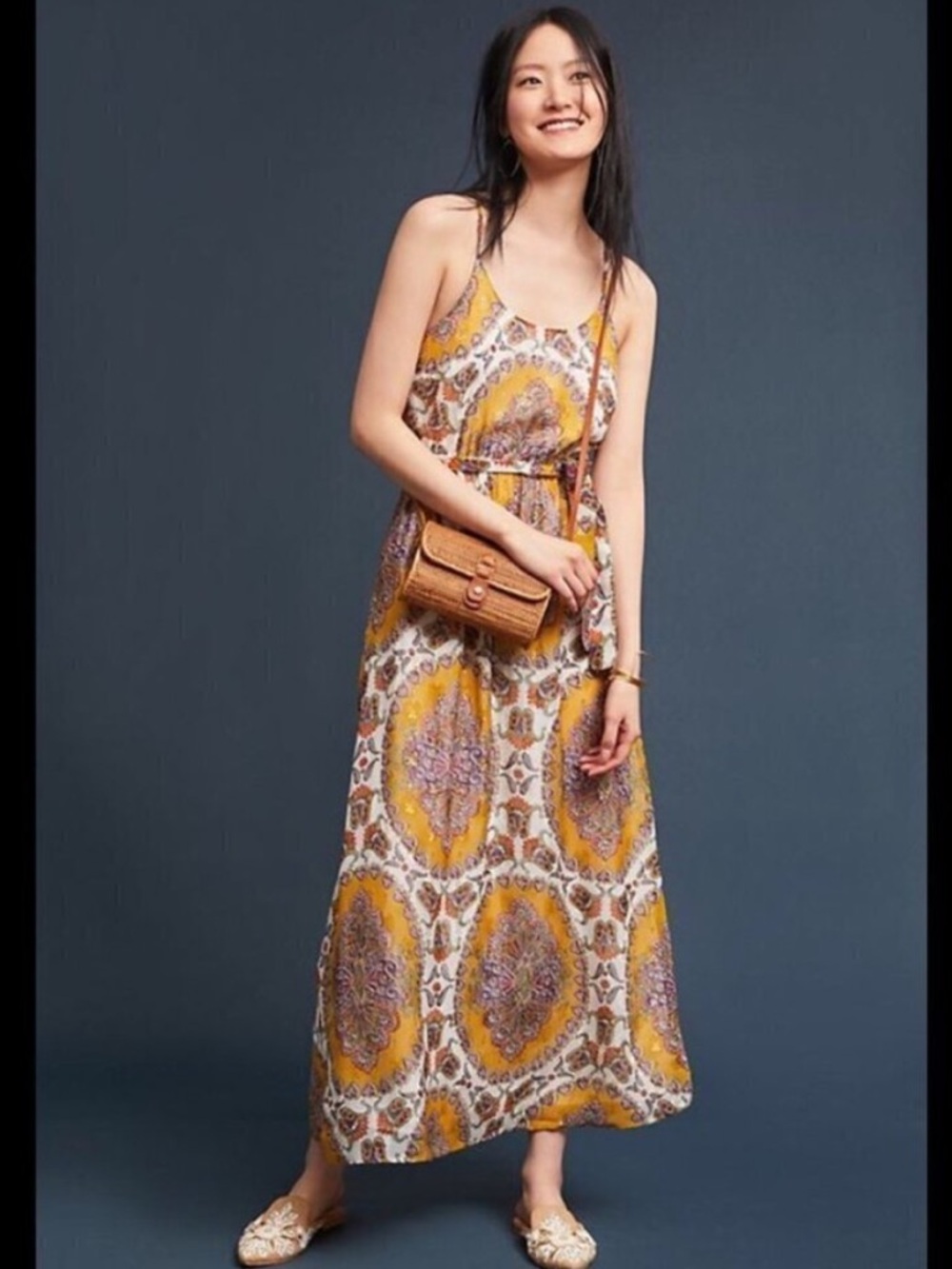 NWT ANTHROPOLOGIE AKEMI + KIN YELLOW FLOWY MEDALLION LUREX MAXI DRESS XSP PETITE
